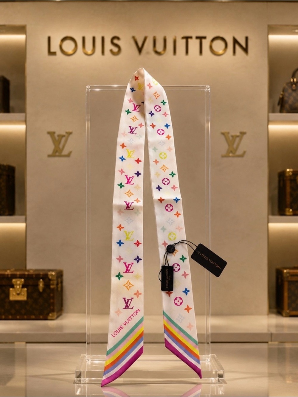 Luxury Louis Vuitton White Multicolor Monogram Rainbow Trim 💯silk bag/hair scarf